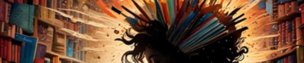 fiktionales Bild mit Büchern, die um den Kopf schwirren