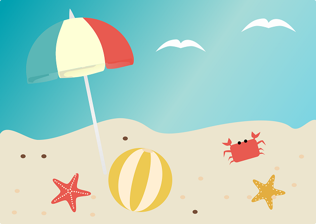 Strandbild mit Sonnenschirm, Strand, Meer, Muscheln